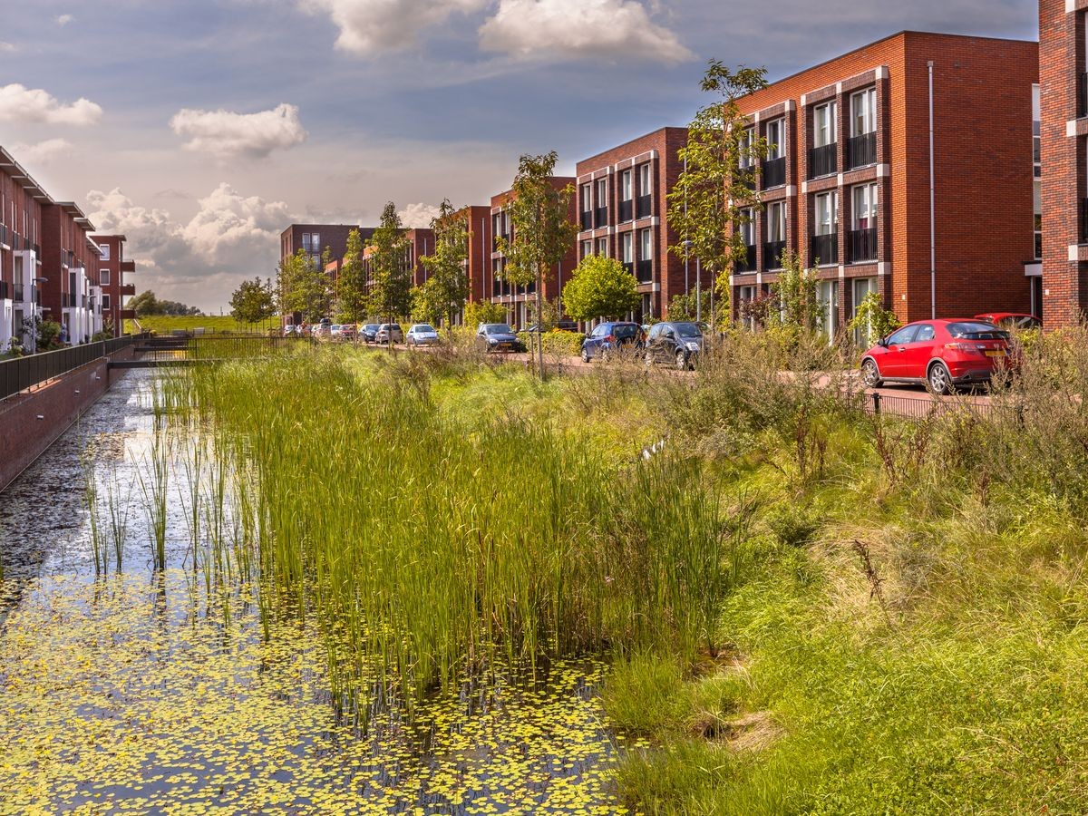 Ecological Street with middle class family apartments and natural eco friendly river bank in Wageningen city, Netherlands